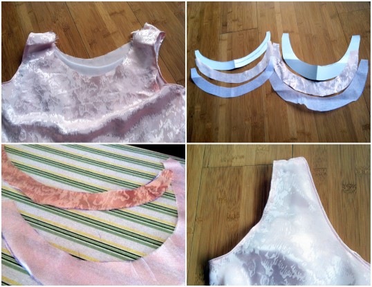 in z formation - finished arm holes, paper fabric and interfacing cut, interfacing ironed on to fabric, finished neck hole
